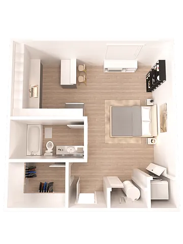 Modern studio floor plan featuring a cozy bedroom area, functional kitchen, and stylish bathroom with ample closet space.