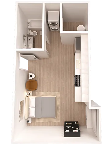 Chic studio apartment floor plan with modern kitchen, cozy living area, and convenient bathroom layout.