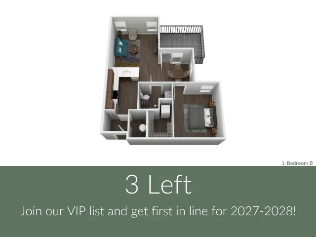 Elegant 3D floor plan showcasing a 1-bedroom apartment with a cozy living area, modern kitchen, and private balcony.