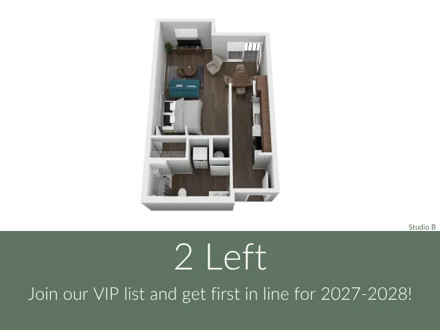Modern 3D studio apartment floor plan with open-concept living area, stylish kitchen, and cozy bathroom.
