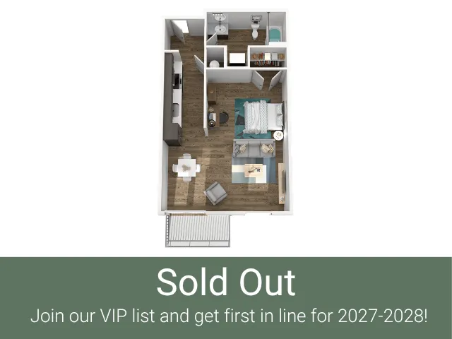 Chic 3D floor plan showcasing a cozy single-bedroom layout with a modern open-concept living area and a stylish kitchen, ideal for urban living.