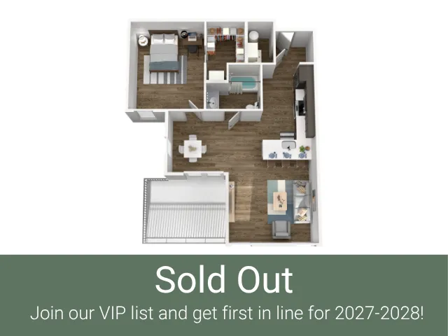 Modern 3D floor plan showcasing a cozy 1-bedroom apartment with an open kitchen, inviting living area, spacious bathroom, and private balcony.