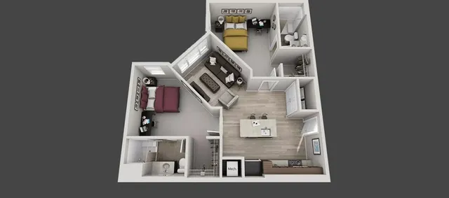 Chic 3D floor plan showcasing 2 bedrooms, a stylish open-concept living room, modern kitchen, and two bathrooms, perfect for comfortable living.