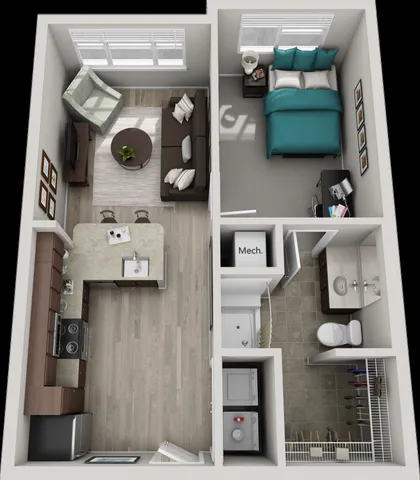 Contemporary 1-bedroom apartment floor plan featuring an open-concept living room, sleek kitchen with island, modern bathroom, and dedicated laundry space.