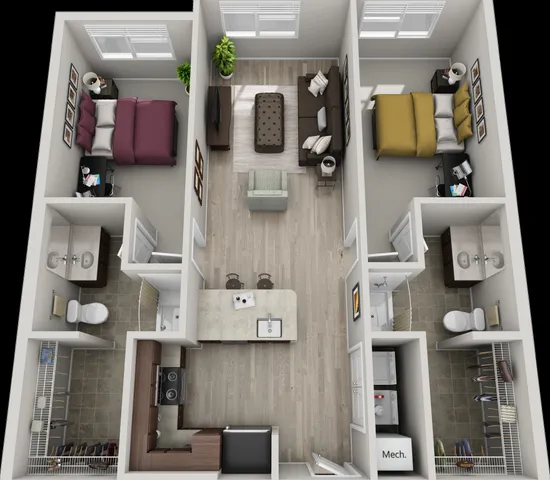 Modern 3D floor plan showcasing 2 bedrooms, a stylish open living area, and a contemporary kitchen with a breakfast bar. Includes two well-appointed bathrooms and convenient laundry facilities.