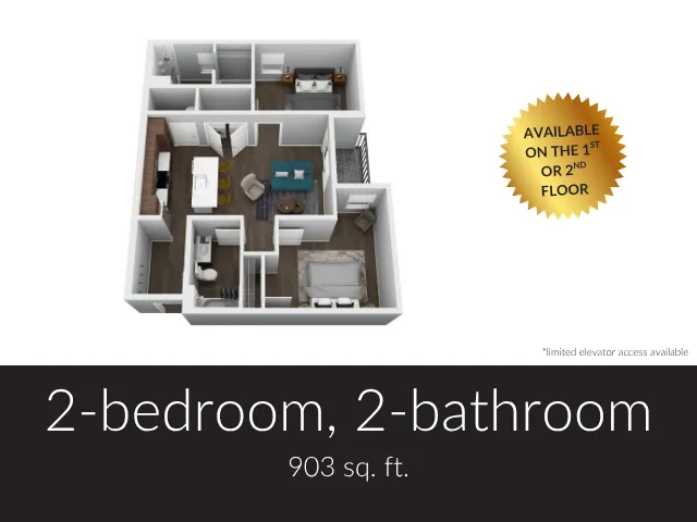 Modern 3D floor plan of a 2-bedroom, 2-bathroom apartment, 903 sq. ft., featuring open living and dining area, available on 1st or 2nd floor.