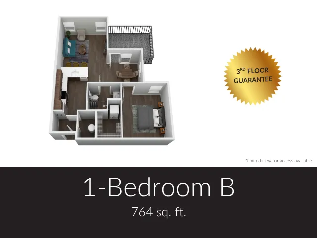 Modern 3D floor plan featuring a 1-bedroom apartment with spacious living area, stylish kitchen, private balcony, and ample natural light. Perfect for comfortable urban living, 764 sq. ft.