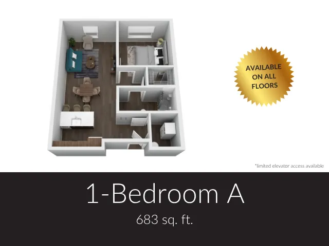 Chic 1-bedroom floor plan with modern open living space and stylish kitchen, 683 sq. ft., available on all floors.