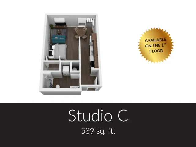 Modern Studio C 3D floor plan featuring an open living area, sleek kitchen, and cozy bathroom, 589 sq ft, available on the 1st floor.
