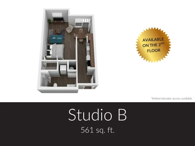 Charming 3D floor plan of Studio B featuring a modern open space design with a cozy living area and compact kitchen, covering 561 sq. ft. Available on the 2nd floor.