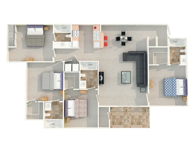 Inviting 3D floor plan with three bedrooms, open living and dining area, modern kitchen, and three bathrooms.