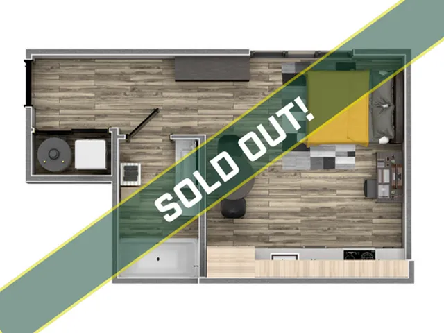 Chic studio apartment floor plan featuring a cozy bedroom area, modern kitchen, and stylish bathroom, marked as sold out.
