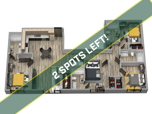 Modern 3D floor plan showcasing 3 bedrooms, a stylish open kitchen, and cozy living space with only 2 spots left!