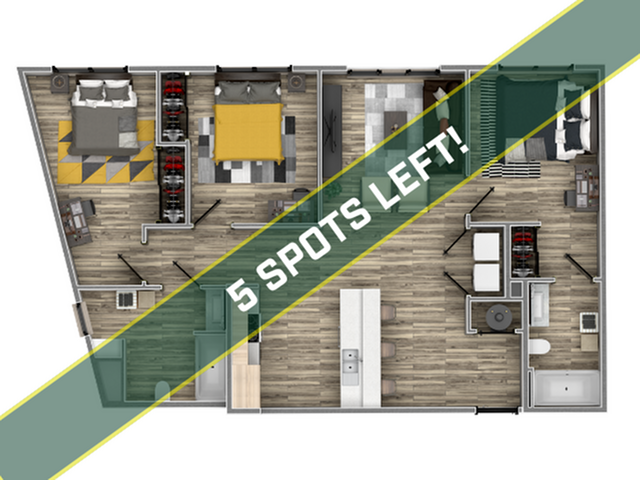 Modern floor plan featuring 2 bedrooms, a spacious living area, and an elegant kitchen. Limited availability with only 5 spots left!