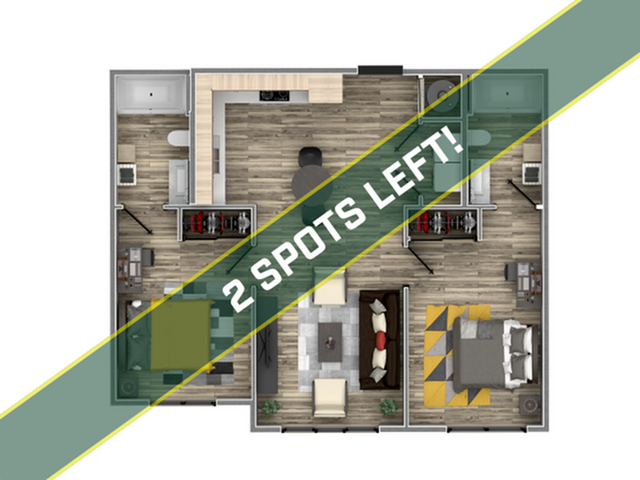 Modern apartment floor plan with 2 bedrooms, an inviting open-concept living space, and a sleek kitchen. Only 2 spots left!