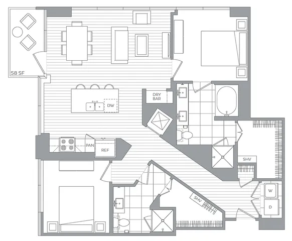 S / 2 Bedroom / 2 Bath