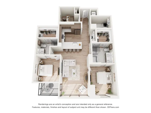 Contemporary 3D floor plan showcasing a spacious 2-bedroom apartment with modern kitchen, inviting living area, and elegant bathrooms.