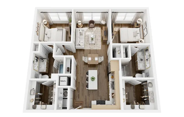 Elegant 3D floor plan showcasing two cozy bedrooms, a stylish living area, modern kitchen with island, and two contemporary bathrooms.