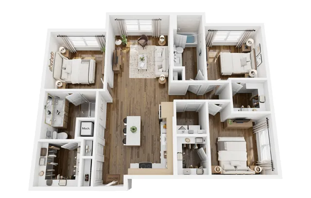Contemporary 3-bedroom apartment floor plan showcasing a spacious layout with elegant wood flooring, open-concept living and dining areas, modern kitchen, and luxurious bathrooms.