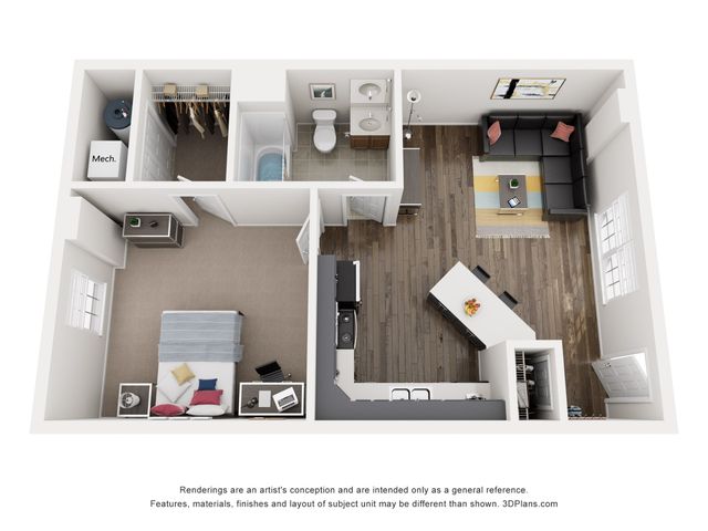 Chic 1-bedroom apartment with an open-concept living room and modern kitchen.