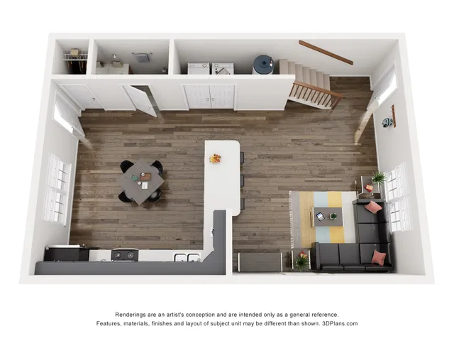 Stylish open-plan apartment with wooden flooring, featuring a cozy living area, dining space, and modern kitchen.