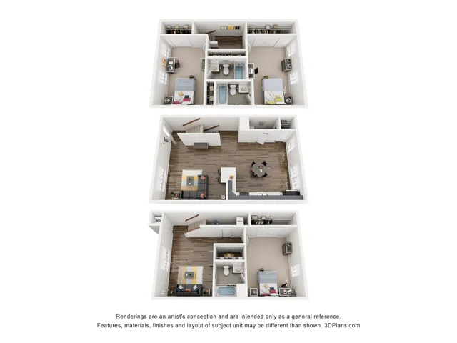 3D floor plan showcasing a modern duplex with two bedrooms, open living space, and a sleek kitchen.