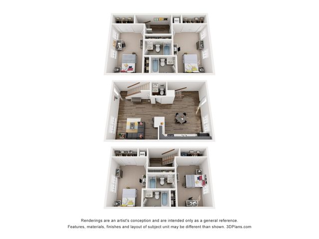 3D floor plan of a stylish duplex with two bedrooms, open-plan living area, kitchen, and bathrooms.
