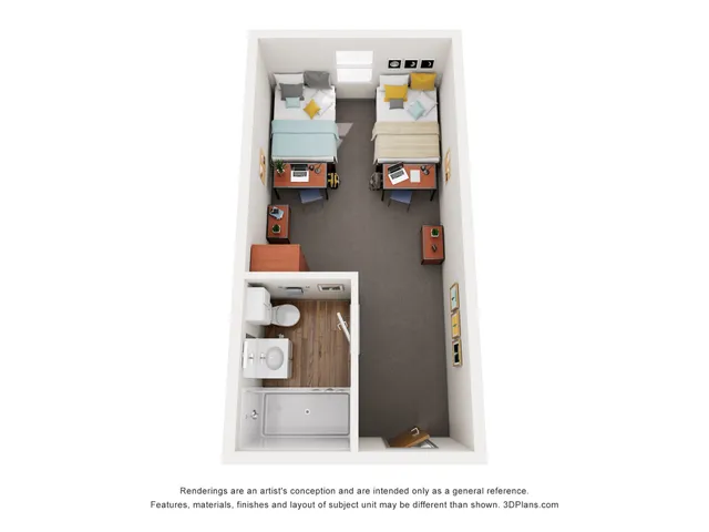 3D floor plan of a compact studio apartment with an integrated bedroom and workspace, adjacent to a well-appointed bathroom.