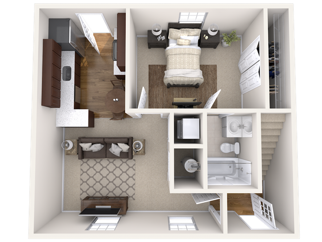 3D floor plan featuring a spacious bedroom, modern kitchen, and inviting living area with attached bathroom.