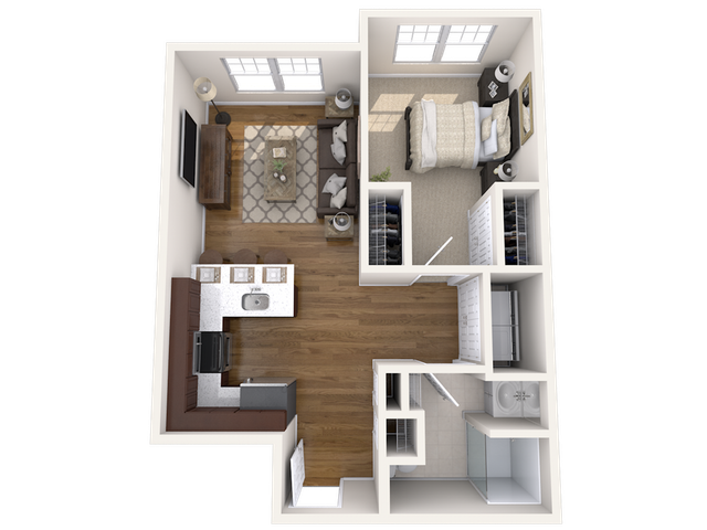 3D apartment floor plan featuring an open-concept living room, a modern kitchen, a bedroom, and a bathroom.
