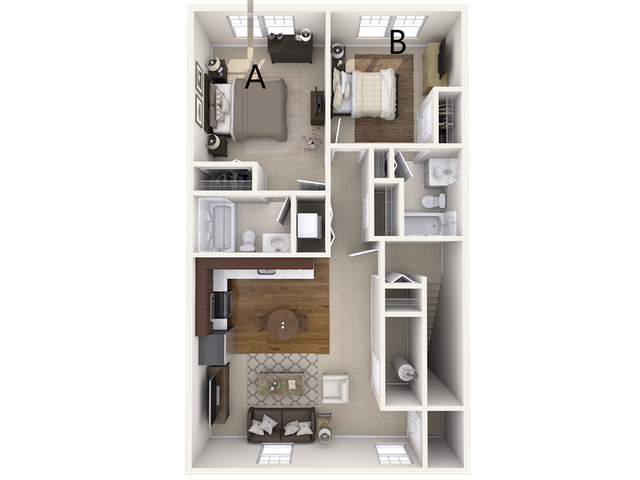 Elegant 2D floor plan of a 2-bedroom apartment featuring an open living area and modern kitchen.