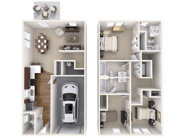 3D floor plan featuring 3 bedrooms, open living area, and garage, with a modern patio setting.