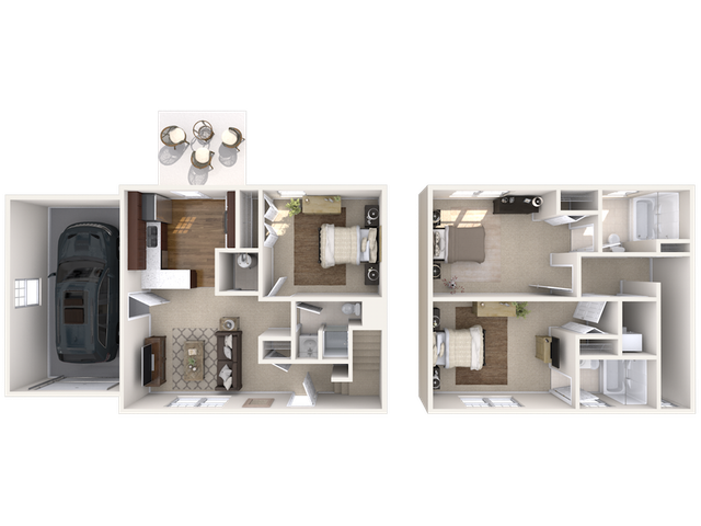 Chic 3D floor plan displaying two-bedroom duplex with a garage and modern open-concept living space.