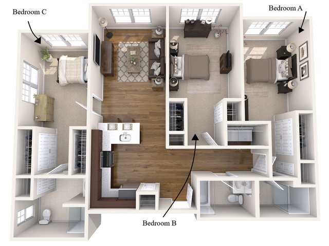 Chic 3D apartment layout with three bedrooms, inviting living area, and modern kitchen.