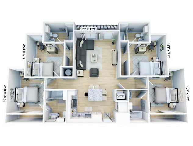 Elegant floor plan showcasing 4 bedrooms, spacious living area, modern kitchen, and four luxurious bathrooms, designed for optimal comfort and style.
