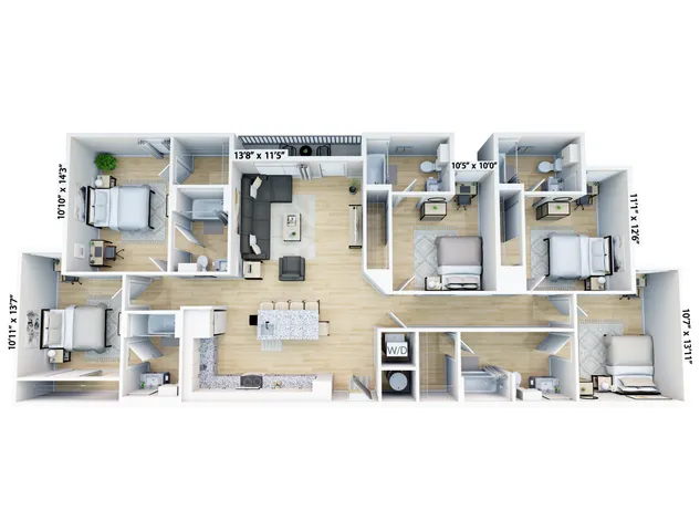 Elegant 3D floor plan showcasing a spacious layout with five bedrooms, modern kitchen, and an open-concept living area.