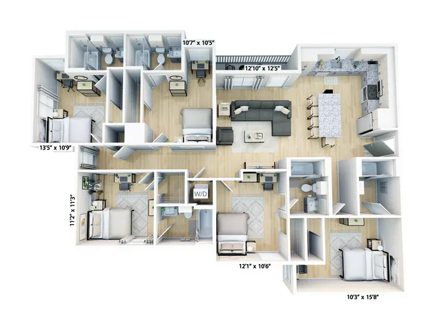 Modern and spacious apartment floor plan showcasing 5 bedrooms, open-concept living area, gourmet kitchen with island, and five bathrooms. Perfect for comfortable living and entertaining.