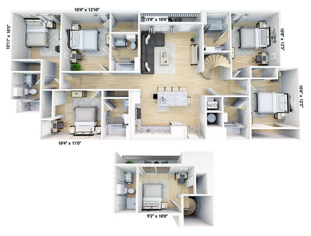Modern duplex floor plan featuring six bedrooms, spacious open-concept living area with spiral staircase, stylish kitchen island, and conveniently located bathrooms. Includes additional private suite.