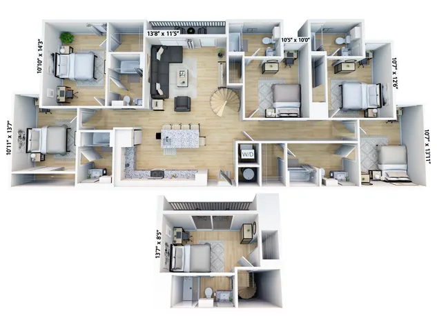 Elegant apartment floor plan featuring 6 bedrooms, an open-concept kitchen with an island, 6 bathrooms, cozy living area, and convenient laundry space.