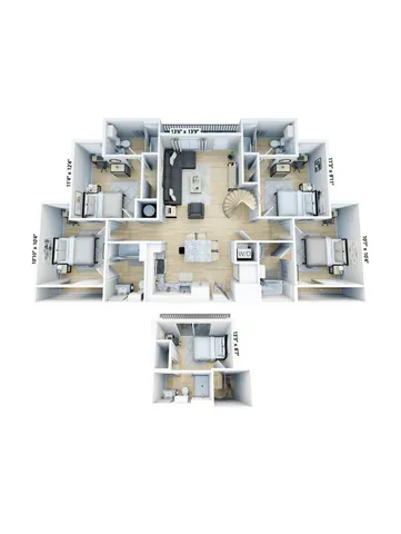 Elegant 3D floor plan showcasing a spacious apartment with five bedrooms, an open kitchen, cozy living area, and five modern bathrooms.