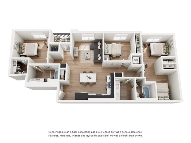 Modern 3D floor plan showcasing 3 bright bedrooms, a cozy living area, and a sleek open kitchen with dining space.