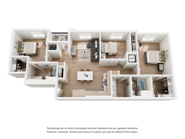 Elegant 3D floor plan showcasing 3 spacious bedrooms, modern open-concept living and dining area, sleek kitchen, and multiple bathrooms with thoughtful layout.