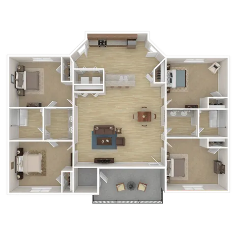 Elegant 3D floor plan illustrating a spacious 3-bedroom apartment with an open-concept living area, modern kitchen, and private balcony.