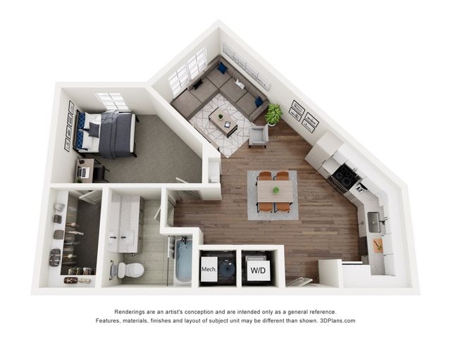 Modern 3D floor plan showcasing a 1-bedroom apartment with an open-concept living area, stylish kitchen, and a cozy bathroom.