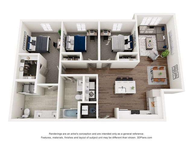 Modern 3D floor plan showcasing three bedrooms, open living room, sleek kitchen with island, and elegant dining area.