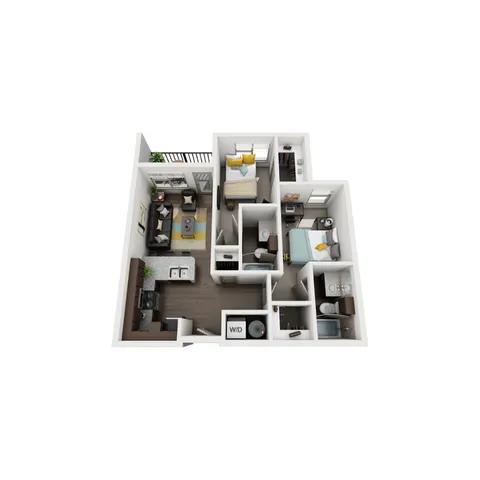 Modern 3D floor plan showcasing 2 bedrooms, a cozy living area with balcony access, and a stylish kitchen, ideal for comfortable living.