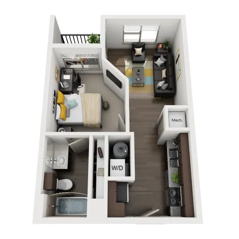 Modern 3D floor plan showcasing a cozy one-bedroom apartment with an open-concept living area, sleek kitchen, and stylish bathroom.