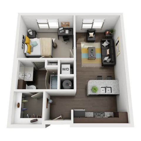 Contemporary 1-bedroom apartment floor plan featuring an open living area, modern kitchen with island, cozy bedroom, and in-unit washer/dryer.
