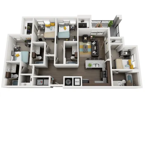 Modern 3D floor plan showcasing 3 spacious bedrooms, chic open-concept living area, and stylish kitchen with balcony access.