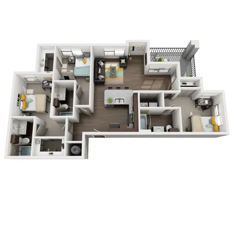 Modern 3D floor plan showcasing 3 bedrooms, an expansive living area, and a sleek kitchen, complete with a private balcony.